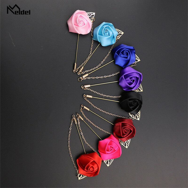 Meldel Boutonniere Wedding Corsage Pin Flowers Silk Roses Gold Leaves Boutonniere Men Mariage Wedding Corsages and Boutonnieres