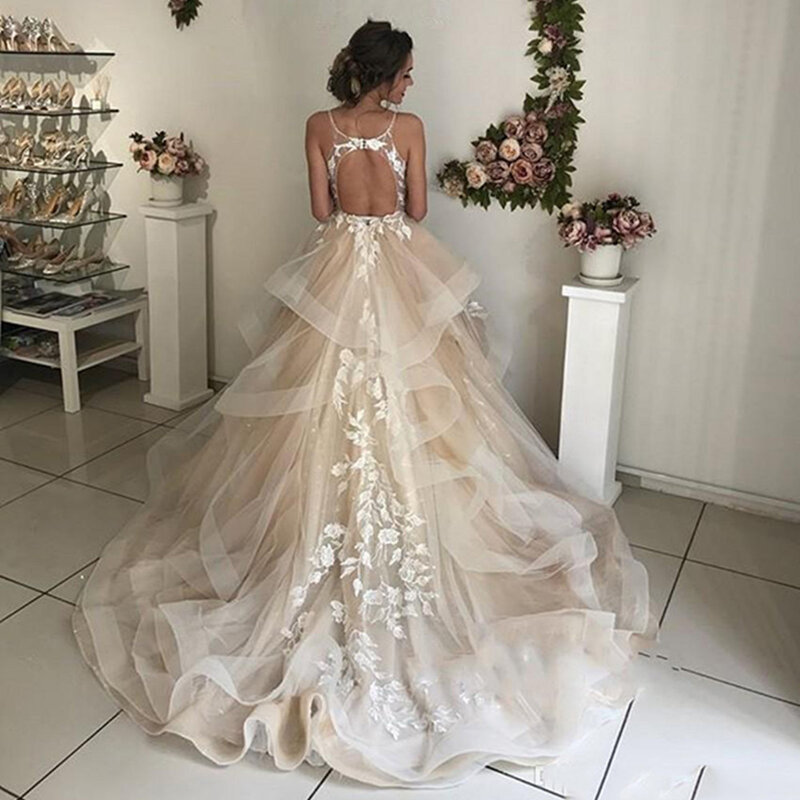 Gaun Pernikahan Sampanye Gaun Pengantin Berenda Kerut Bunga Punggung Terbuka Seksi Gaun Pernikahan Pantai Gaun Pengantin