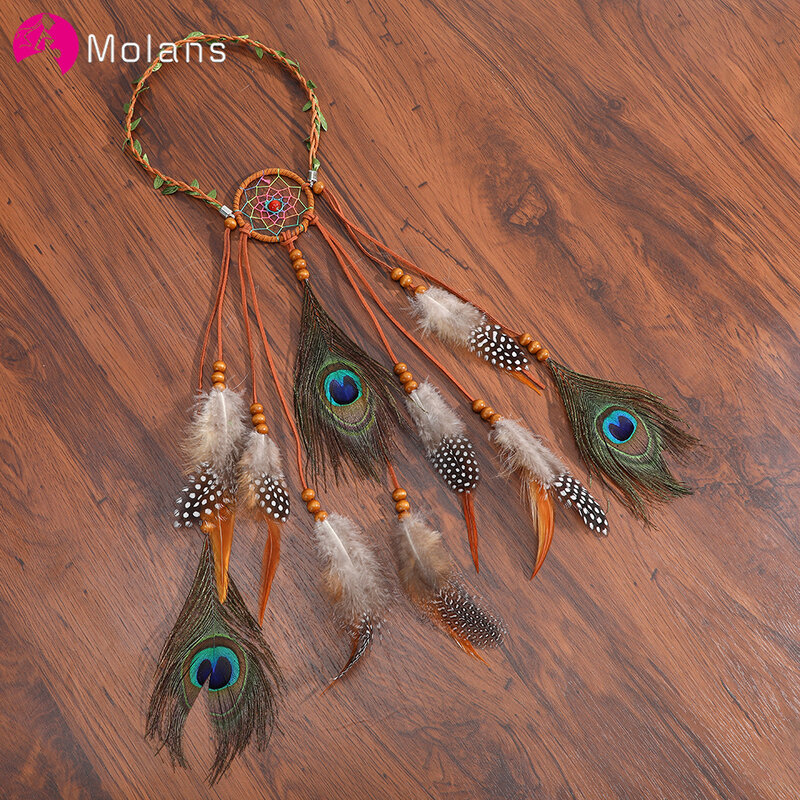 Molans-Diadema de plumas de pavo real para mujer, diadema Bohemia, tocado para mujer, borla Bohemia, cuentas para Festival, accesorios para el cabello