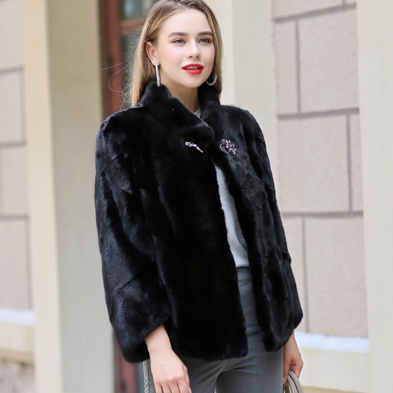 Luksusowy płaszcz z prawdziwego futra norek kurtka stójka jesienno-zimowa damska odzież wierzchnia Plus rozmiar 4XL LF9114
