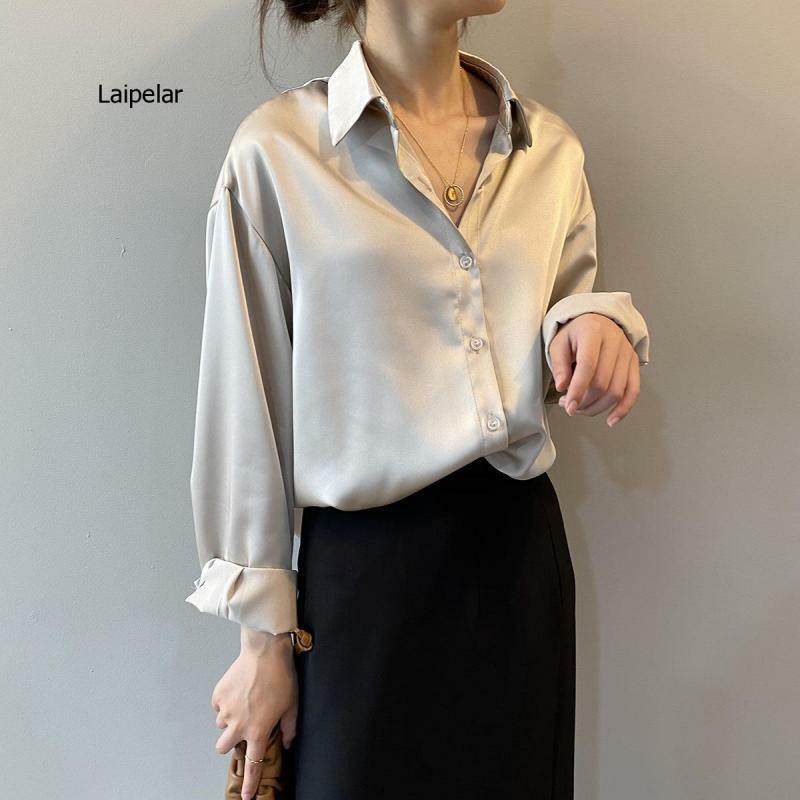 Осенняя модная атласная шелковая рубашка на пуговицах, винтажная блузка для женщин, белая женская Свободная уличная рубашка с длинным рукавом
