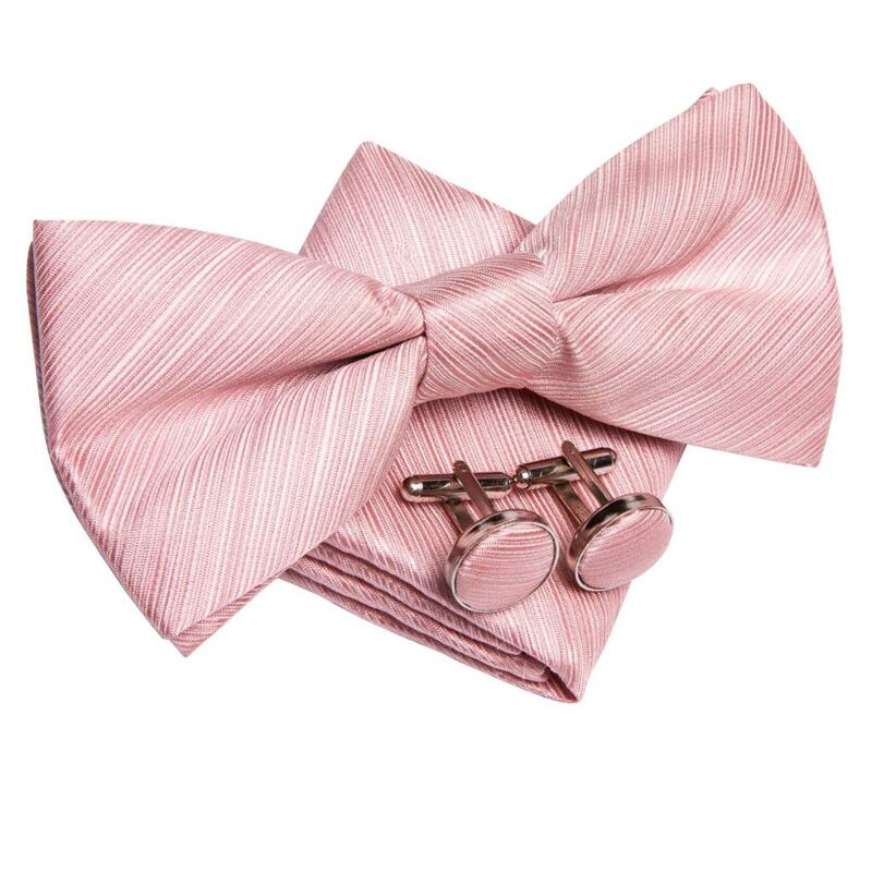 Hi-Tie – nœud papillon Jacquard en soie pour hommes, rayé, rose, boutons de manchette, mouchoir, ensemble pré-attaché, pour fête de mariage