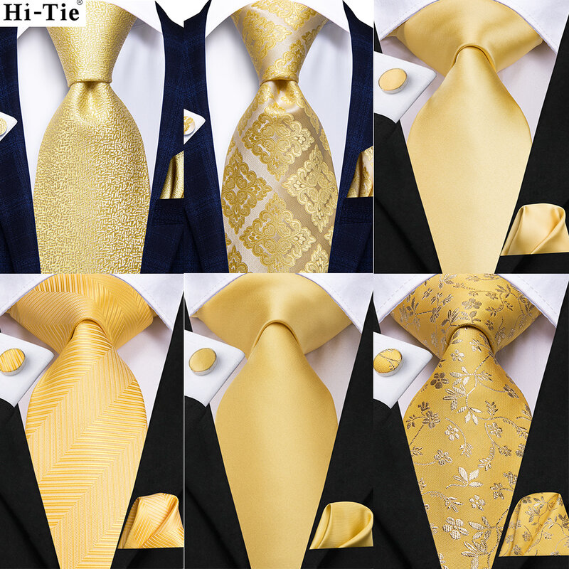 Hi-tie-男性用の豪華なイエローゴールドチェック柄ネクタイ,ペイズリーシルク,結婚披露宴,ビジネスギフト,ファッション,直接配達