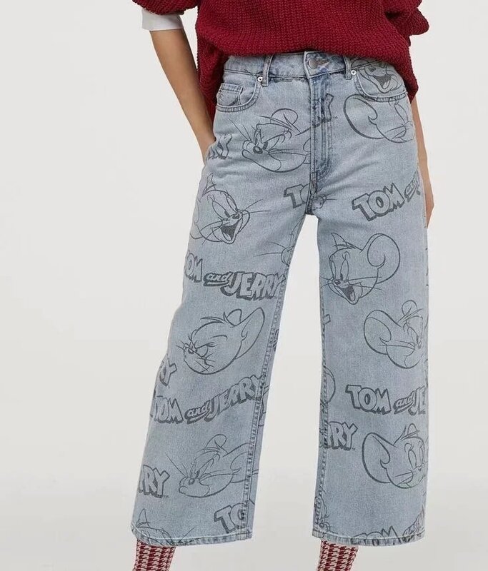 Увядшие летние джинсы 2020, женские свободные прямые джинсы с высокой талией в английском стиле с принтом кота и мышки, джинсы для мам
