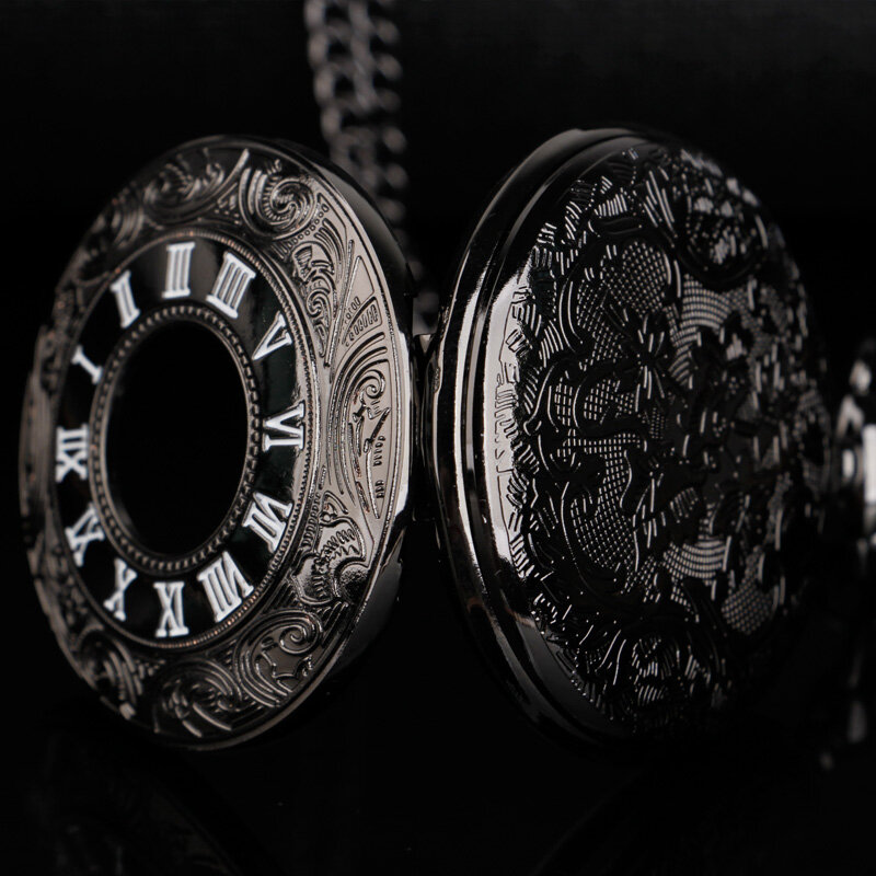 Venda quente numerais romanos mostrador preto relógio de bolso de quartzo clássico pingente de relógio unisex alta qualidade colar do vintage pingente