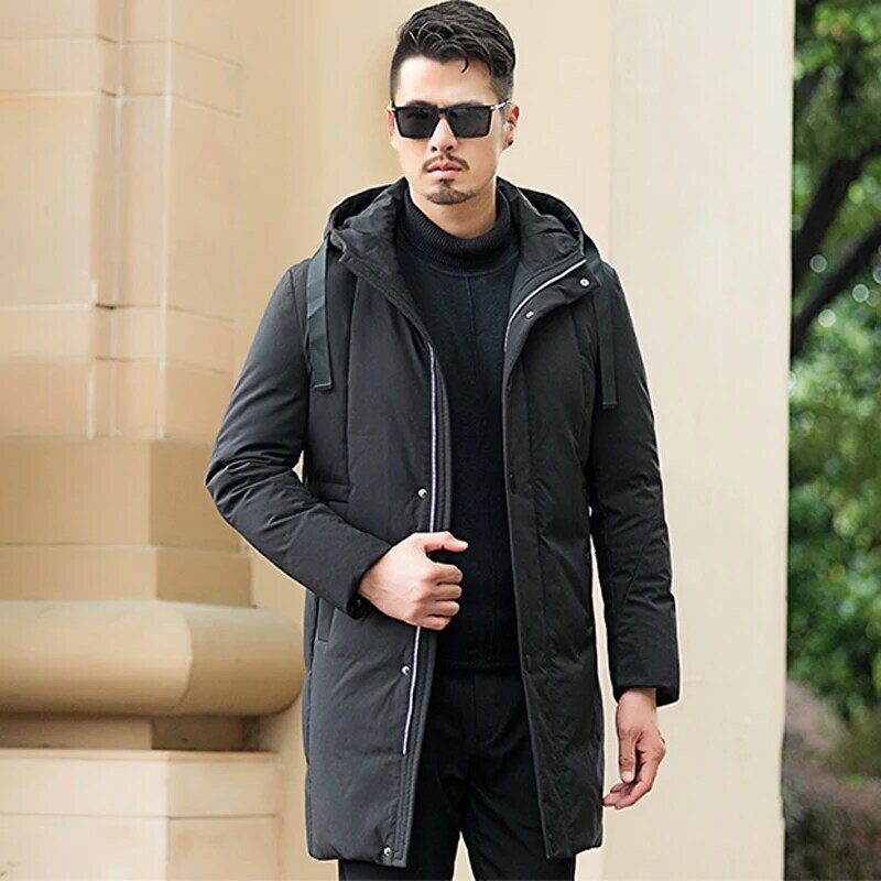 Nova chegada inverno estilo masculino high-end boutique para baixo casacos de alta qulity sólido pato branco com capuz masculino solto quente para baixo casaco L-8XL