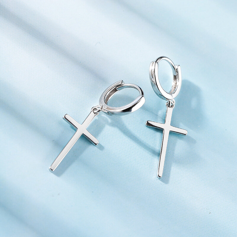 ANENJERY Silver Color Cross Pendant Hoop Earring Personality Hypoallergenic Ear Jewelry For Women Men Couple Gifts S-E1102