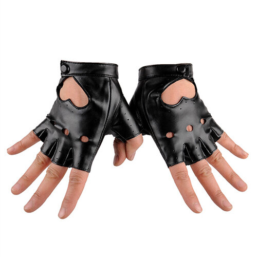 1 paar Frauen Mode PU Leder Schwarz Halbe Finger Handschuhe Für Fitness Kühles Herz Hohl Finger Handschuhe Junge Handschuhe