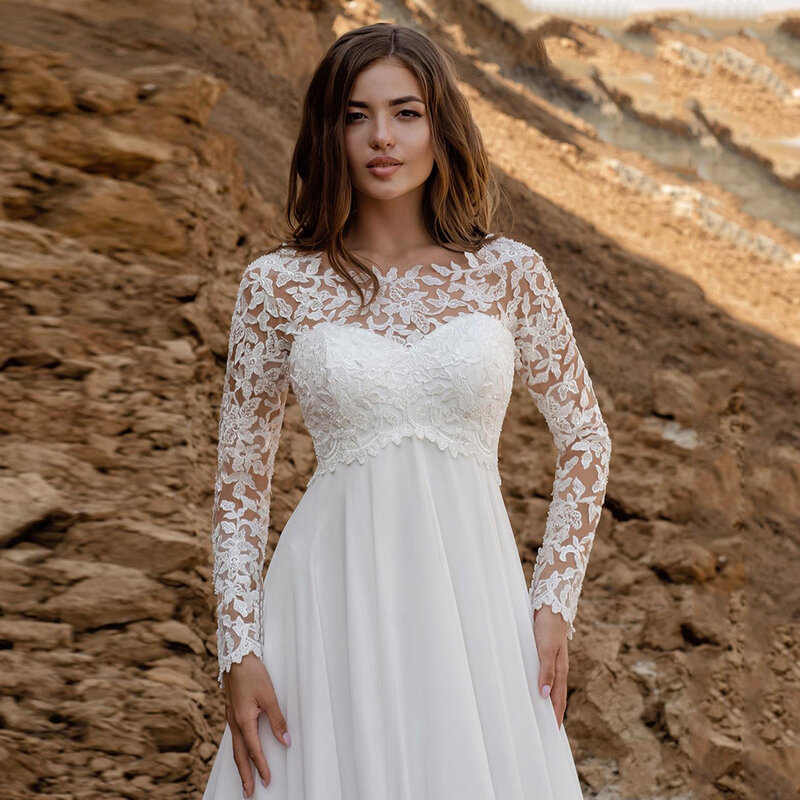 Empire Waist Long Sleeves Wedding Maternity Dress Boho Chiffon Custom Made Transparent Lace Plus Size Boat Neck Bridal Gowns