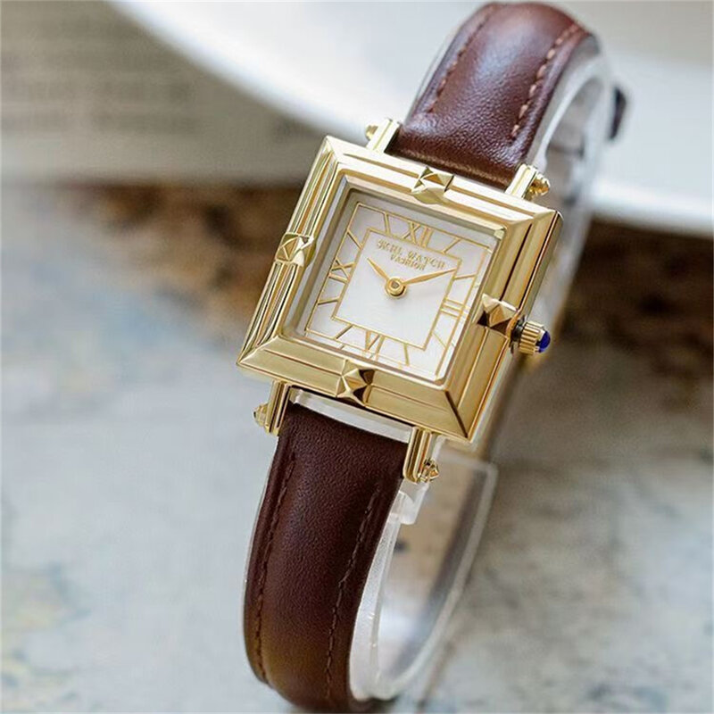 Montres carrées antiques pour femmes, montre-bracelet à dos en cuir, montres romaines vintage pour filles modernes, horloge à quartz, 3 bars, mode ancienne