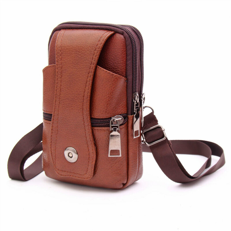 High Quality Leather Waist Bag Multifunction Men Belt Bag Small Shoulder Bag Crossbody Bags Multi-Layer Buckle Mobile Phone Bag