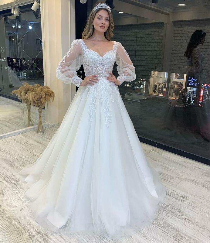 Wedding Dress Gorgeous Long Sleeve A-Line Puff Sleeve Sweep Train Backless Bridal Gowns Lace Beaded Gorgeous Robe De Mariee