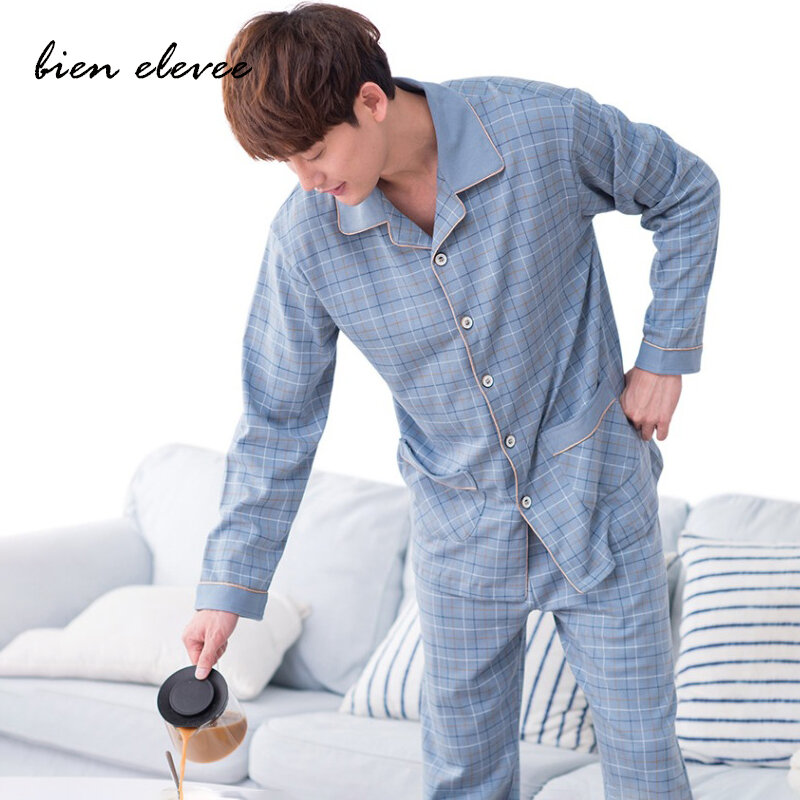 Conjunto de pijama masculino para outono e inverno, camisola casual com calças compridas e listras