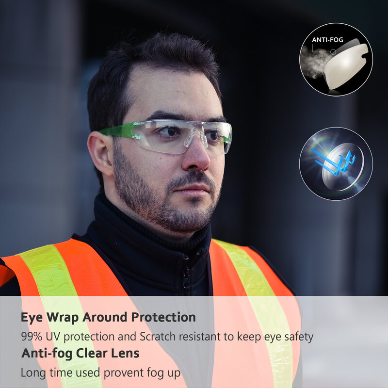 SAFEYEAR Anti Fog Safety okulary robocze odporne na zadrapania soczewki HD ochrona UV400 【green】 pyłoszczelna wodoodporna odporna na zachlapanie
