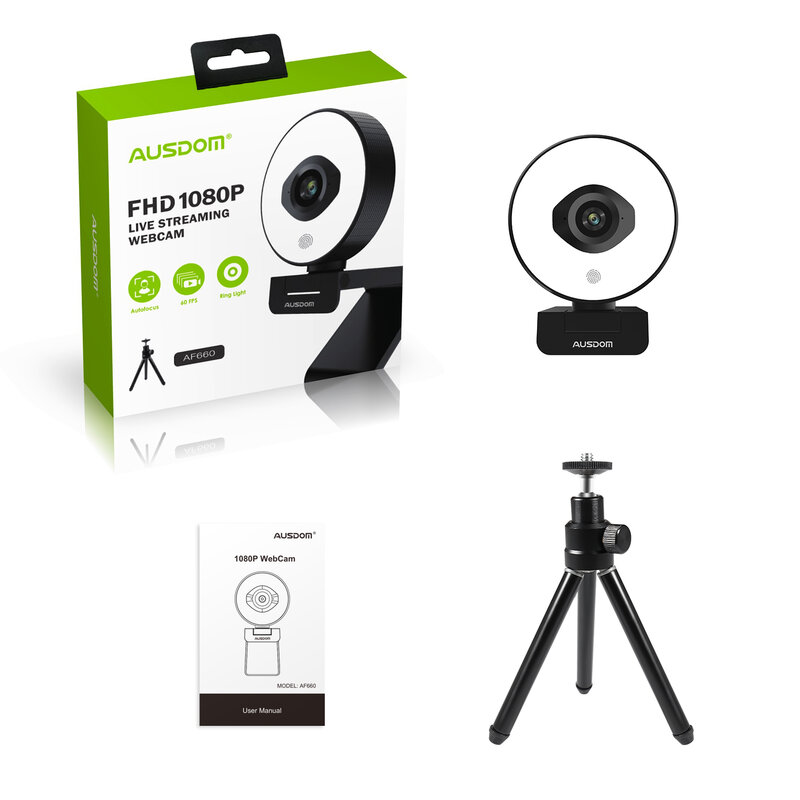 Webcam com foco automático para transmissão ao vivo, Stream Cam, luz direita ajustável, tripé livre, novo, AF660, FHD, 1080p, 60FPS