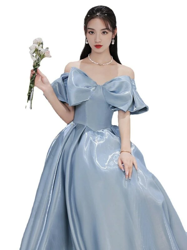 Korean Style Birthday Party Gowns Off Shoulder Strapless Graceful Evening Dress Floor-Length Sleeveless Bow Formal Prom Dresses