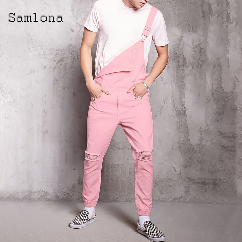 Samlona-Macacão jeans casual masculino, macacão rasgado, moda hip-hop, verão, novo, 2023