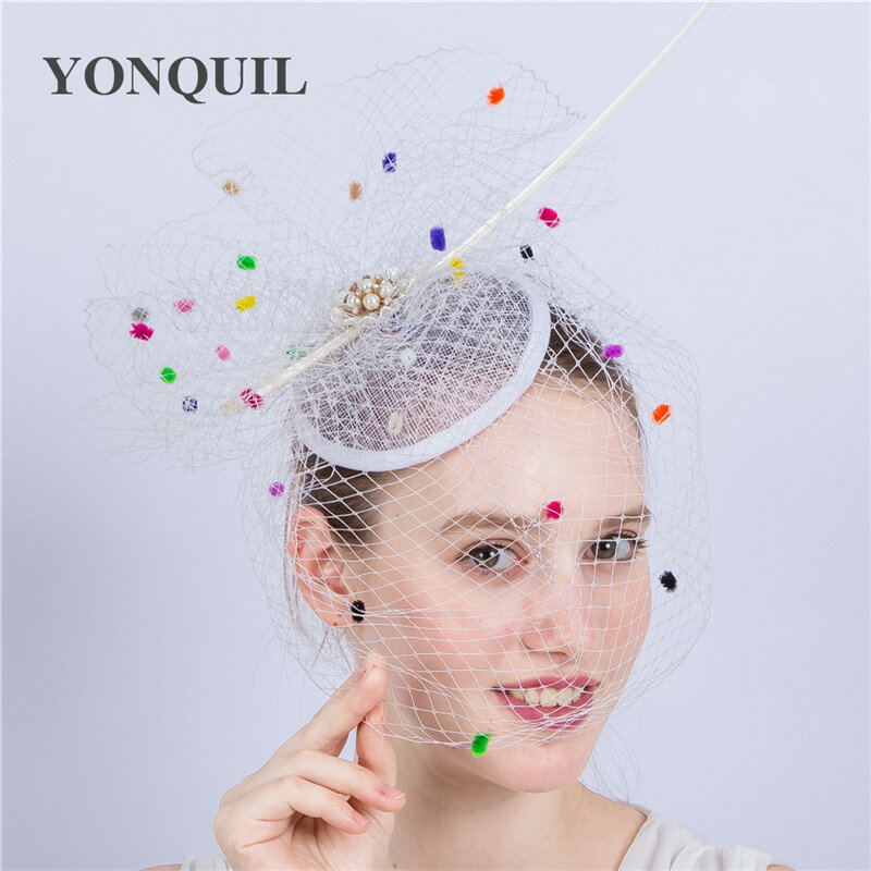 Sombrero de boda a la moda para mujer, tocado Floral con velos de puntos coloridos para mujer, para banquete, con sombrerería de fiesta