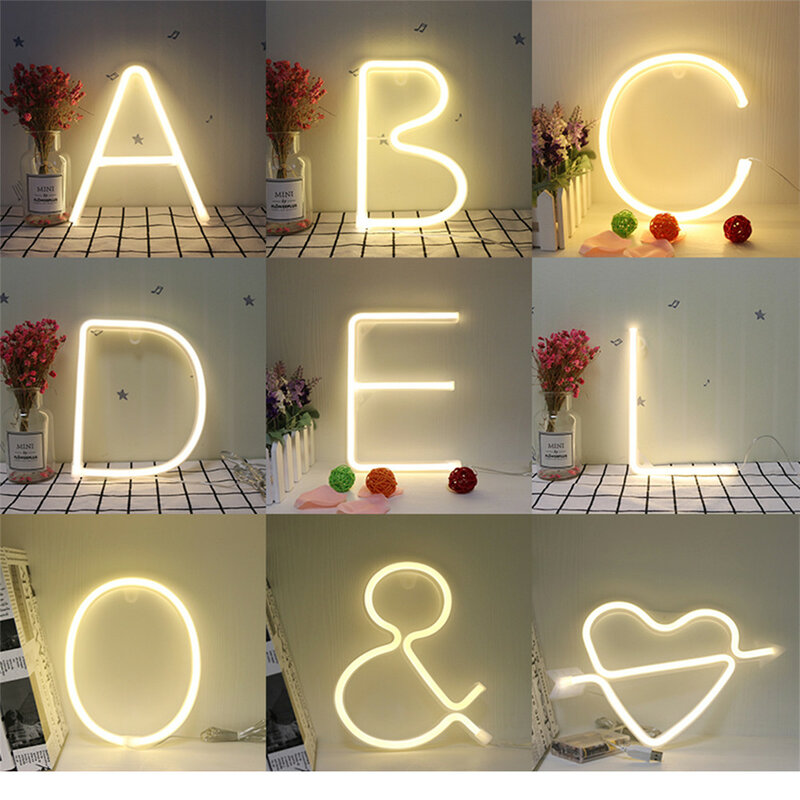 Lanterne de 26 lettres en néon avec lettres de l'alphabet, lampes murales à 2 couleurs, décoration d'anniversaire, de mariage, fête, chambre à coucher