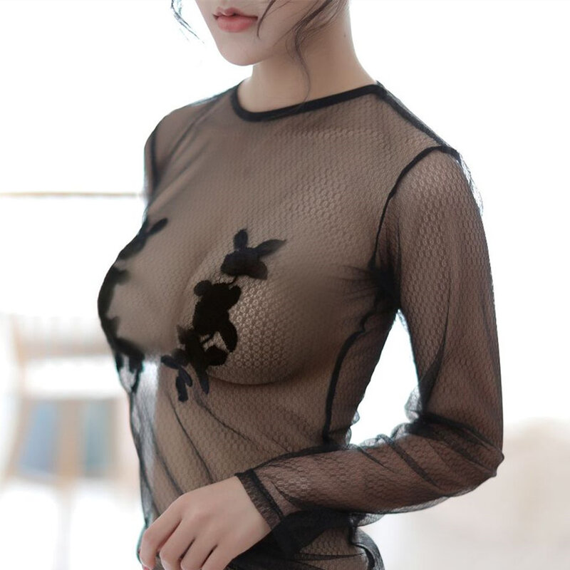Sexy mulheres topos preto transparente blusas ver através de malha em torno do pescoço manga longa sheer camisa senhoras magro topos camisas mujer