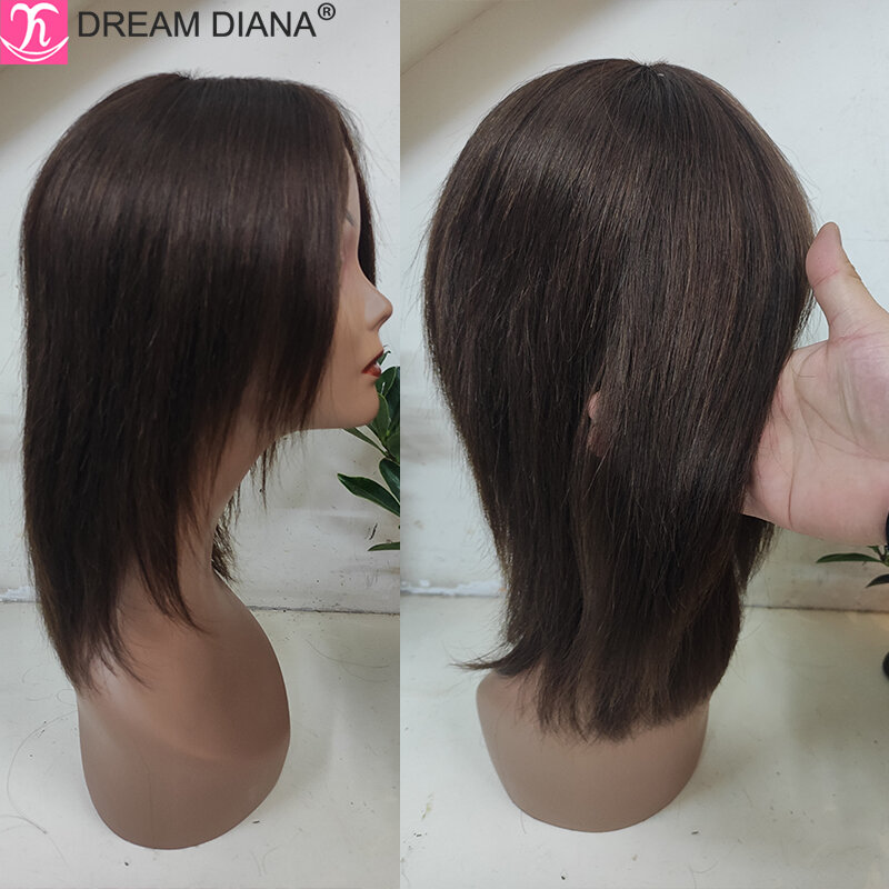 DreamDiana-Peluca de cabello humano liso peruano, pelo Remy, color marrón sedoso en capas, 100% de densidad, hecha a máquina