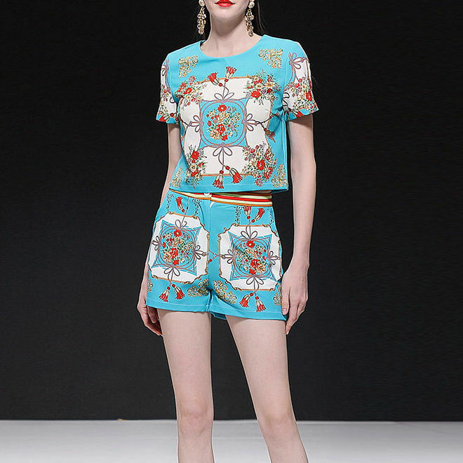 의상 여름 여성의 2021 새로운 외국 스타일의 패션 넓은 다리 바지 인쇄 반바지 투피스 세트