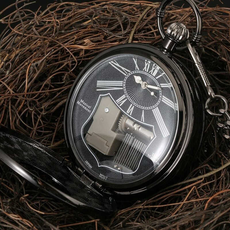 Schwarz Quarz Musik Bewegung Taschenuhr Klassische Vintage Musik Uhr Uhr und Kette Anhänger Geschenk