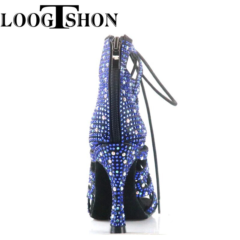 LOOGTSHON SPECIAL EDITION DANCE BOOTS WITH CROSSED BANDS, WHITE AND CRYSTAL HEEL 9 CM