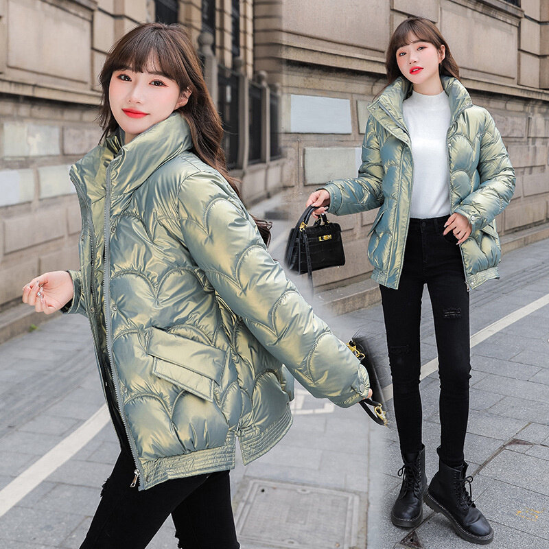 Inverno novas senhoras quentes solto algodão-acolchoado casacos moda all-match impermeável wadded casaco superfície brilhante jaqueta feminina