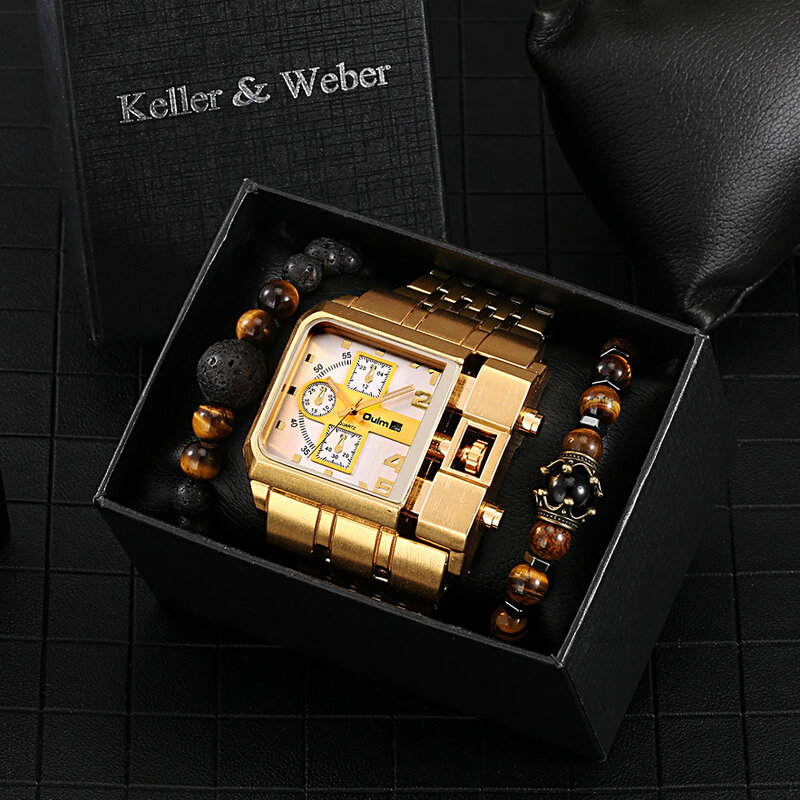 Reloj de pulsera de cuarzo para hombre, conjunto de caja de regalo, militar, esfera grande, de lujo, de acero inoxidable, dorado