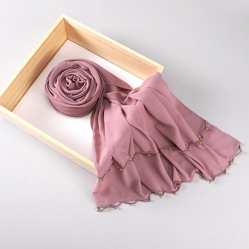 70*175CM European and American New Style Pearl Chiffon Malaysia Lace Toe Cap Scarf Gold Decoration Headscarf
