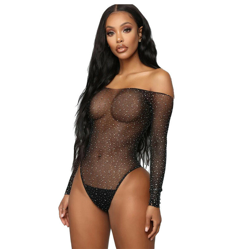 Vrouwen Sexy Bodysuits Lange Mouwen Visnet Strass Turnpakje Tops Badpak Hollow Out Off Shoulder See Through Jumpsuit