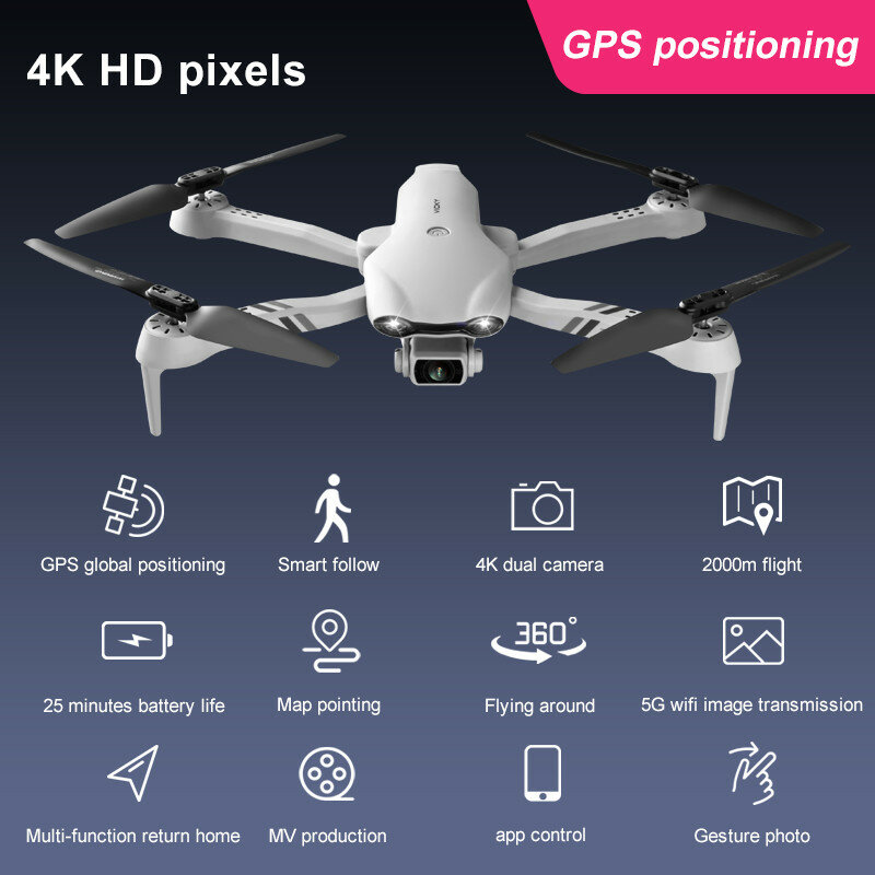 4DRC New 4K HD Dual Camera GPS Wide Angle FPV Real-time Transmission RC Distance 2km Professional Drone Quadcopter Dron Gift Toy