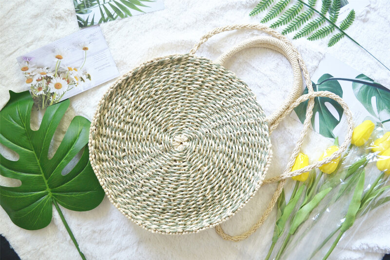 New Female Summer Straw Bag Round Mixed Color Woven Bag Beach Bag a6229