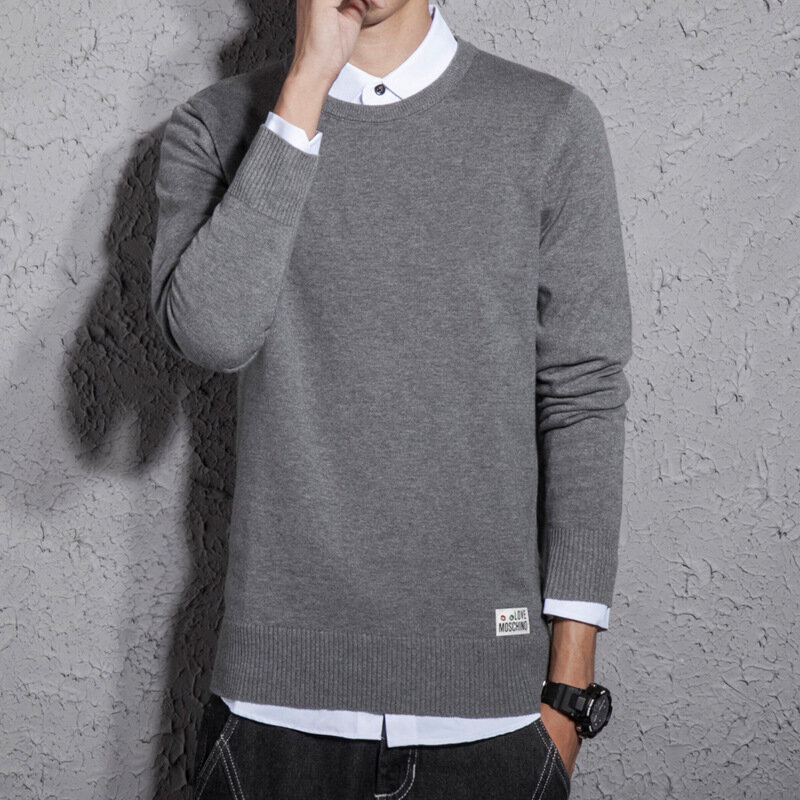 Spring and Autumn New Men's Cotton Sweater Men's Slim Sweater Solid Color Round Neck Sweater Men