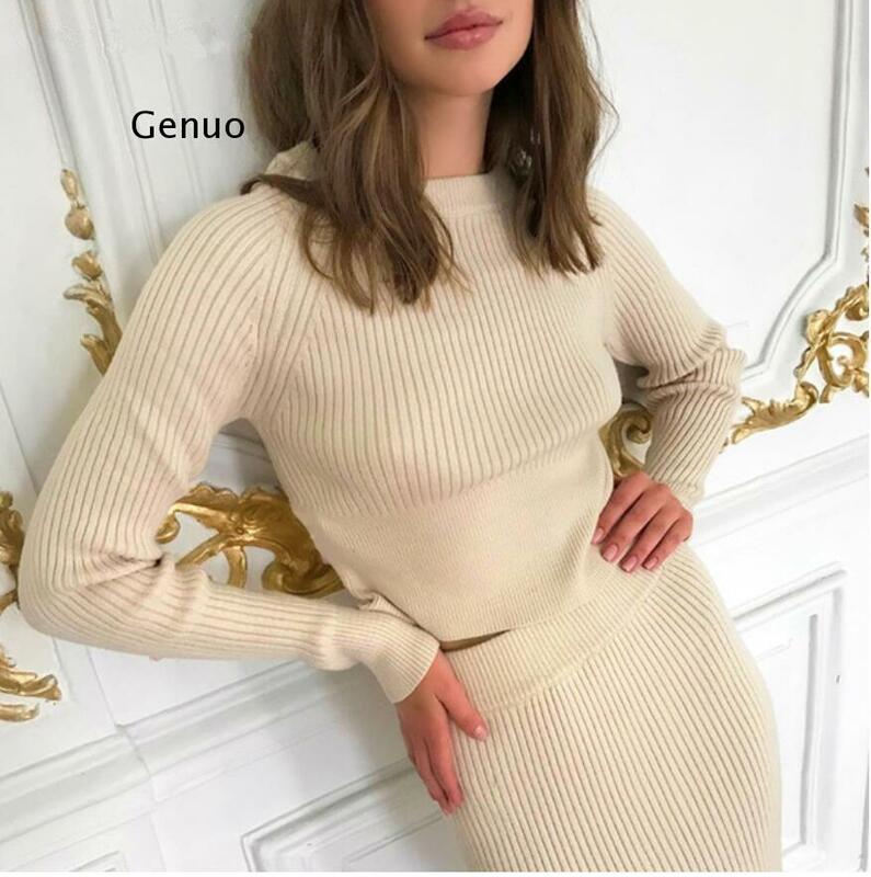 Merajut Kasmir Pullover dan Rok Dua Sepotong Set Wanita Slim Fit Dipotong Atasan Wanita Musim Gugur Elegan Sweater Pakaian Wanita
