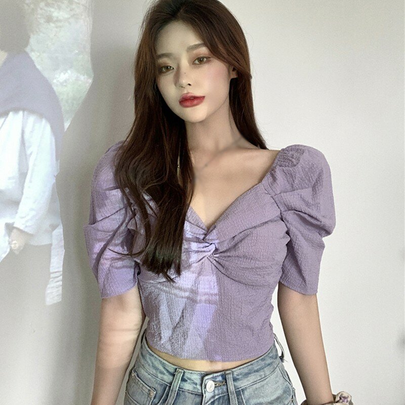 Blusa de manga corta para mujer, camisa elegante de Color liso con cuello en V, estilo coreano, 2020