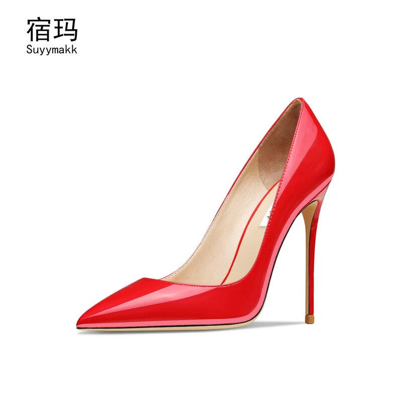 Sepatu Wanita Mewah Kulit Asli Baru Hak Tinggi Merah Klasik Sepatu Pump Hak Tipis Hitam Ujung Lancip Sepatu Pernikahan Mulut Dangkal