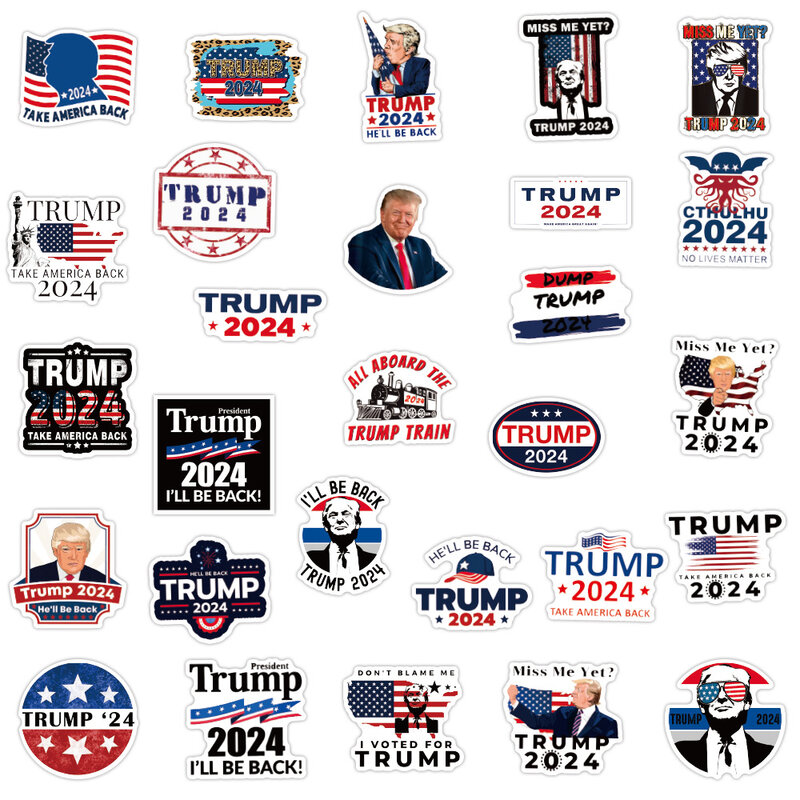 10/30/50/100 Buah Trump 2024 Stiker Kartun Kreatif Mainan Anak-anak Diy Laptop Bagasi Kulkas Hadiah Natal Telepon Mobil Stiker Decal
