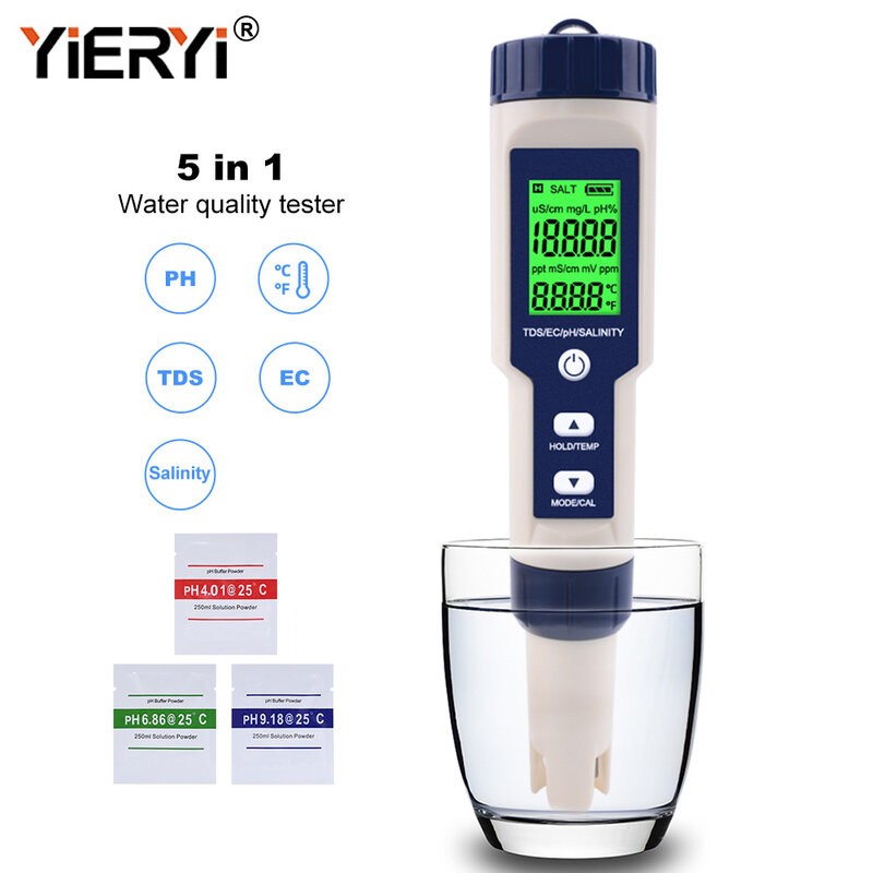 Yieryi 5 In 1 TDS EC PH Temperature Meter Digital Water Quality Monitor Tester untuk Spa Kolam Renang Akuarium