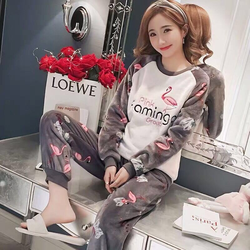 Pajamas women winter flannel  long-sleeved thickening plus velvet coral fleece cute autumn and winter home service suit women