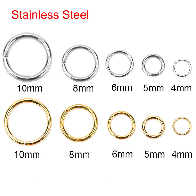Anéis de salto aberto de aço inoxidável, anéis divididos, conectores para colar, pulseira, acessórios de jóias, nunca se desvanece, 4mm, 5mm, 6mm, 8mm, 10mm, 100Pcs