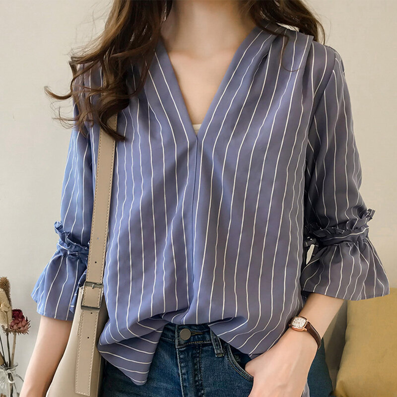 ¡Novedad de primavera 2020! Blusa blanca/azul de franja coreana para mujer, camisa informal a la moda para oficina, Jersey de manga ancha, Tops informales sueltos