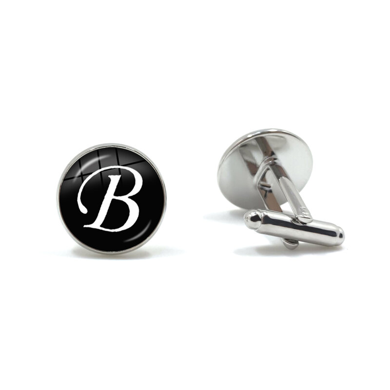 Men's Fashion A-Z Alphabet Cufflinks Silver Color Glass Dome Letter Cuff Button for Male Gentleman Shirt Wedding Cuff Links Gift
