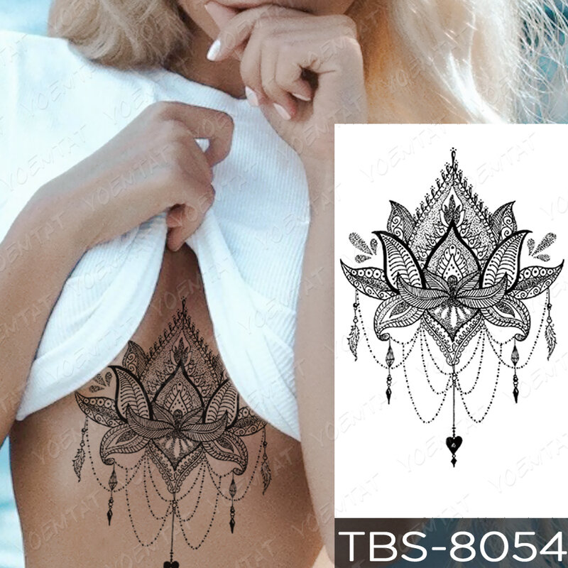 Waterdichte Tijdelijke Tattoo Sticker Borst Kant Henna Mandala Flash Tattoos Wolf Diamant Bloem Body Art Arm Nep Tatoo Vrouwen Mannen
