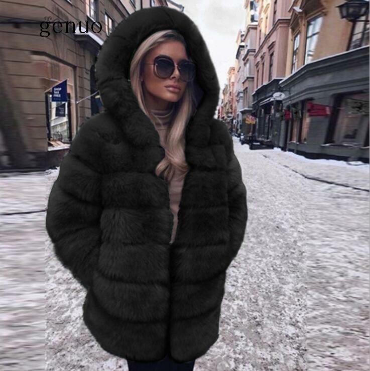트렌디 한 새로운 모피 고양이 겨울 의류 여성 숙녀 따뜻한 인조 모피 코트 재킷 솔리드 후드 겉옷 Abrigo Peluche Mujer 2020