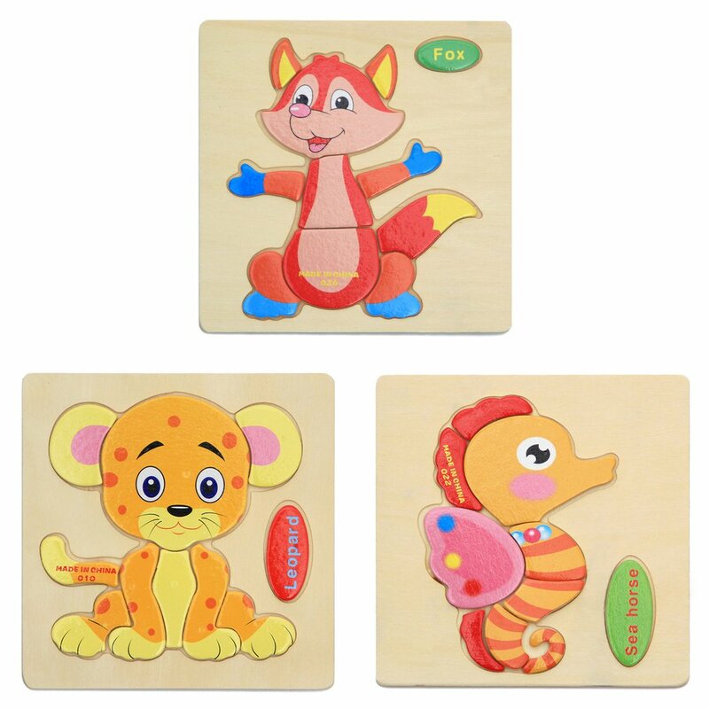 3pcs/set Children's Wooden Cartoon Animal Three-dimensional Puzzles Traffic Fruit Jigsaw Puzzle Children Early Educational Toys