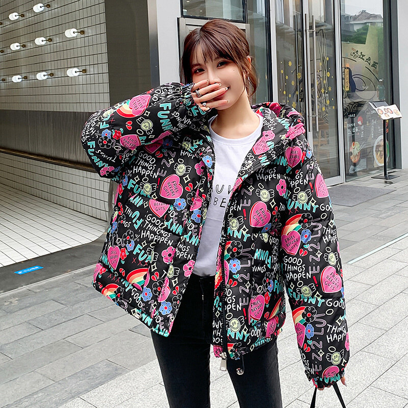 2022 New European Style Camouflage Graffiti Printing Short Bread Thick Coat Women's Jacket Down Cotton Jacket
