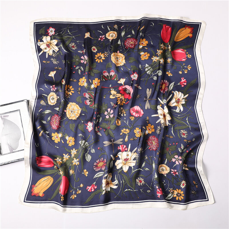 2021 novo lenço de seda das mulheres lenços de cabeça quadrada floral impressão escritório feminino foulard pescoço scarfs pequeno xale cabelo envoltório anel