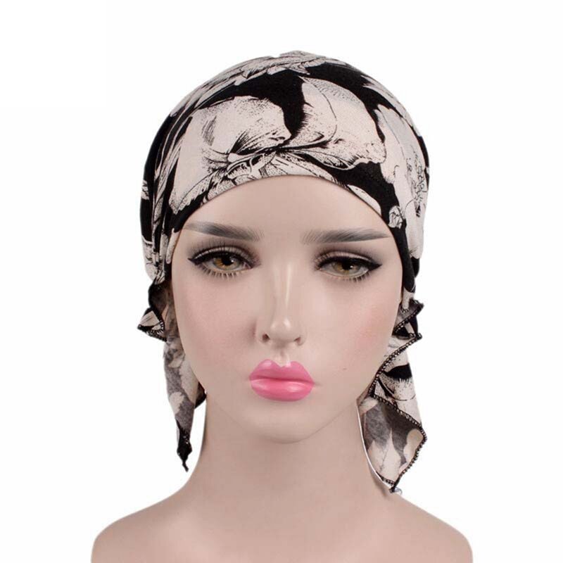 Topi Serban Syal Elastis Katun Baru Wanita Topi Kemo Kanker Ruffle Print Topi Beanie Kepala Bungkus Aksesori Rambut Wanita